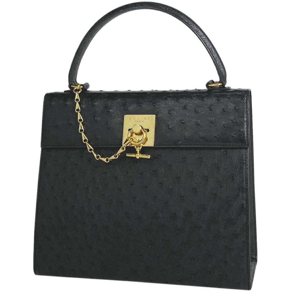 Celine Logo Handbag Tote Bag Ostrich Leather Black - Picture 1 of 7
